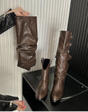 KYLETHOMASW  -  Vintage Belt Buckle Women Knee High Boots Fashion Removable Shoes Autumn Winter Ladies Elegant Thick Heel Knight Long Booties