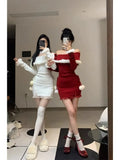 KYLTHOMASW  -  Sweet Hot Girl Christmas Red Dress for Women's Autumn and Winter Pure Sexy Slim Fit Off Shoulder Dress Fashion Female Clothes