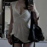 KYLETHOMASW  -  Pure Desire Spicy Girl White Lace Splice Knitted Top Summer Self-built Station New Pleated Slim Fit V-neck T-shirt Women