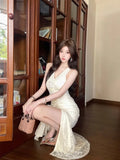 KYLETHOMASW  -  Elegant Dresses Women Flowers Lace Patchwork Sleeveless Halter Slim Split Temperament Party Dress Summer Fashion