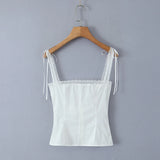 KYLETHOMASW  -  White Spliced Lace Slash Collar Ribbon Bow Strap Summer Corset Women Summer Tank Tops Pleated Slim Through Buttons Crop Top