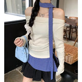 Kylethomasw High Street Contrast Color Patchwork Long-sleeved T-shirt Women 2024 Autumn New Off-shoulder Lace-up Sexy Slim Irregular Tops