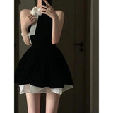 KYLETHOMASW  -  Sexy Dress Woman Bow Bandage Sleeveless Slim Patchwork Black Mini Dresses Puffy Elegant Vintage Ladies Summer Fashion Chic