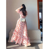 KYLETHOMASW  -  Summer Niche French Pink Floral Off-shoulder Dress Atmosphere Sense Vacation Style Tea Break Long Skirt Princess Dress