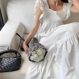 KYLETHOMASW  -  Summer Korean White Long Dress Women Ruffles Sweet Square Neck Backless A-Line Dress New Elegant Casual Women Clothes P739