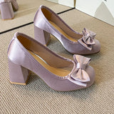 KYLETHOMASW  -  Bow Block Heel Single Shoes Spring New Square Toe Shallow Mouth Silk Slip-on Kitten Heels