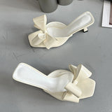 KYLETHOMASW  -  Fashion Patent Leather Butterfly Knot Women Slippers Square Toe Summer Sandals Low Thin Heels Mules Slides Shoes Size 39