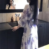 KYLETHOMASW  -  High-end Purple Floral Dress Women Elegant Lace-up Split Mid Long Dresses Spring French Temperament Slim Vestidos 862P
