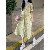 KYLETHOMASW  -  Women Summer Fashion Floral Print Ruffle Bandage Sweet Chic Midi Dress Casual Square Collar Short Sleeve Slim Slit Beach Dresses