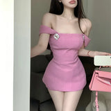 Kylethomasw Summer New Streetwear Hollow Backless Bow Splicing Sexy Tweed Camisole Women + Solid Color Casual Shorts Two-piece Suit