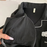 KYLETHOMASW  -  Sweet Women Autumn 2Pcs Sleepwear Built‑in Chest Pad Embroidery Lace Trim Soft Long Sleeve Long Pants Ladies Home Loungewear