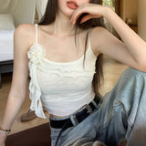 Kylethomasw  Vintage Ruffles Solid Color Casual Mesh Camisole Women 2024 Spring New High Street 3d Flower Sexy Slim All Match Crop Tops