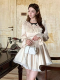 KYLETHOMASW  -  Elegant White Short Dress Autumn Women Lace Ruffles Elegant A-line Princess Dress French Birthday Party One Piece Mini Vestidos