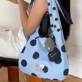 KYLETHOMASW  -  Sweet Cute Blue Stripe Tote Bag Women Polka Dot Bow Large Capacity Shoulder Bag Ladies Lightweight Daily Foldable Shopping Bag