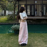 KYLETHOMASW  -  Vintage Streetwear Loose Sport Long Trousers Women Versatile Casual Elastic Waist Drawstring Wide Leg Pink Pants 086B