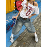 KYLETHOMASW  -  Women High-Waisted Washed Wide-Leg Denim Shorts Blue Gothic Y2K Harajuku Style Retro 2000s Jean Seven-Foot Clothes Summer