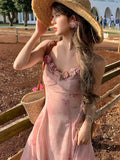 KYLETHOMASW  -  Casual Light Pink Printed Sleeveless Dress Beach Fashion Y2K Vintage Chic Summer French Retro Elegant Chiffon Midi Dress Women