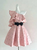 KYLETHOMASW  -  Summer Pink French Vintage Elegant Woman Dress Irregular Bow High Waist Puffy Mini Dress Female Chic Korean Pupolar Clothes