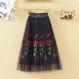 KYLETHOMASW  -  Fashion Ladies Elastic High Waist Mid-Long A-Line Pleated Skirts 2024 New Summer Women Rose Floral Embroidery Mesh Skirt