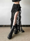 KYLETHOMASW  -  Women Skirt Chic High Waist Lace Layered Ruffle Asymmetric Slant Hem Skirt Daily Outdoor Stroll Fashion Summer New
