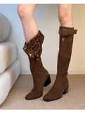KYLETHOMASW  -  Women Leopard Knee High Boots Sexy High Heels Shoes Winter Warm Long Boots New Suede Pumps Chunky Chelsea Boots Snow Botas