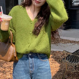 KYLETHOMASW  -  Autumn New V Neck Knitted Cashmere Cardigan Women Korean Casual Solid Color Single Breasted Long Sleeved Sweater Outwear T470