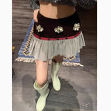 KYLETHOMASW  -  Velvet Patchwork Skirt Detachable Floral Accent Pleated Midi Skirt Women Trendy Convertible Design High Waist A-Line Dress