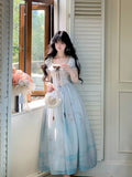 KYLETHOMASW  -  Sweet Lolita Princess Puff Sleeve Lace Ruffle Bow Corset Sky Blue Ombre Long Dress Women Girls Beach Vacation Party Daily Wear