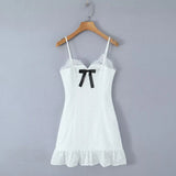 KYLETHOMASW  -  Bow Lace Trim White Sling Mini Sexy Dresses  Sweet Women Elegant A-line Cotton Summer Dress Night Out Robe