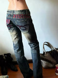 KYLETHOMASW  -  American Spice Girl Subculture Old Micro-pull Jeans Children Retro Design Sense Heavy Industry Embroidery Low-rise Floor Pants