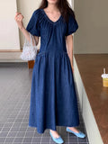 KYLETHOMASW  -  Women Dress Korean Chic Summer Retro Temperament V-neck Pleated Waist Slim Double Pocket Bubble Sleeve Denim Vestidos