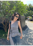 KYLETHOMASW  -  Korea Chic Moda Irregular Skew Collar Vest Plaid Lace Up Off Shoulder Sling Camis New Elegant Ball Gown Slim Waist Tees