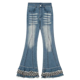 KYLETHOMASW  -  Women Stitch Raw Edge Ruffle Hem Flare Jeans Retro Tartan Plaid Whiskers Boot Cut Pants Grayu Y2k Korean Streetwear