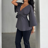 KYLETHOMASW  -  Women Casual Deep V Neck Blouse Loose Fit Long Sleeve Top Flowy Bell Sleeve Tunic Shirt Daily T-shirt Sexy Summer Outfit