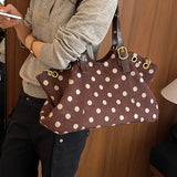KYLETHOMASW  -  Korean Retro Polka Dot Shoulder Bag Metal Ring Decor Large Capacity Travel Tote Bag Fashion Casual Commuter Underarm Bags