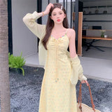 KYLETHOMASW  -  Korean Fashion Vacation Style Sweet 2024 Women's Summer Floral Dress Temperament Cardigan Two-piece Set Female Clothing