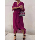 KYLETHOMASW  -  Solid Color Sash Long Dress Bat Sleeve Irregular Hemline Maxi Dress Plus Size