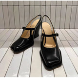 KYLETHOMASW  -  Fashion Black Patent Leather Mary Janes Slingbacks Women Pumps Spring Summer Wave Toe Chunky High Heels Office Lady Daily Shoes