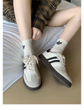 KYLETHOMASW  -  Women Genuine Leather Sneakers Round Toe Flats Mixed Colors Sewing Ladies Fashion Lace-up Shoes Spring Autumn Grey White new