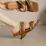 KYLETHOMASW  -  Women's Square Toed Slippers Open Toe Vintage Belt Buckle Sandals Wedges High-heeled Designer Flip-flops