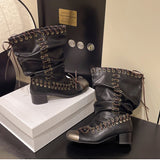 KYLETHOMASW  -  Vintage Thick Heel Women Knight Boots Fashion Ladies Metal Buckle Pleated Motorcycle Mid Calf Booties