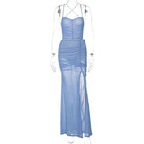 KYLETHOMASW  -  European Women Spaghetti Strap Mesh Maxi Dress Backless Cutout Split Slim Bodycon Beach Dress
