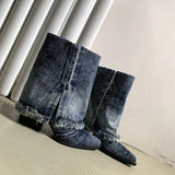 KYLETHOMASW  -  Designer Lapel Denim Women Ankle Boots Autumn and Winter Pointed Toe Korean Version Cowboy Boots Sexy Hottie Short Single Botas
