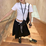 KYLETHOMASW  -  Preppy Style Pleated Skirt Women Vintage Korean Style Black Mid Length Skirt Harajuku Fashion Patchwork Classic Skirts