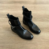 KYLETHOMASW  -  Retro British Style Mid-Calf Boots Metal Belt Round Toe Short Chelsea Boots Autumn Winter New Thick Heel Short Boots for Women