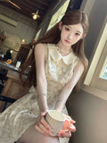 KYLETHOMASW  -  Sweet Floral Mini Dress Women Summer Sleeveless Peter Pan Collar Casual Dresses Kawaii Bow Lace Patchwork Fashion A Line Dress