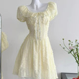 KYLETHOMASW  -  French Sweet Puff Sleeve Women Dress Elegant Casual Fashion Waist Vestidos Lace Exquisite Simple Square Neck A Line Cute Skirt