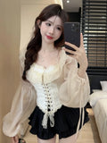 KYLETHOMASW  -    Sexy Shirts Women Korean Fashion Lace Shirt 2024 Spring New Lantern Sleeve Slim Waist Irregular Short Camisas De Mujer