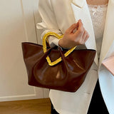 KYLETHOMASW  -  French Retro Oil Wax Pu Handbag Women Heart Shaped Golden Metal Handle Soft Ruched Large Tote Bag Versatile Daily Shoulder Bag