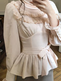 KYLETHOMASW  -  Kawaii Pink Bow Shirts Women Japanese Cute Lace Ruffles Patchwork Blouses Fashion Puff Long Sleeve Slim Design Tops New